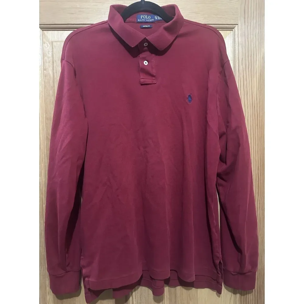Polo Ralph Lauren Men's Polo Long Sleeve Rugby Shirt Cotton Burgundy XL EUC